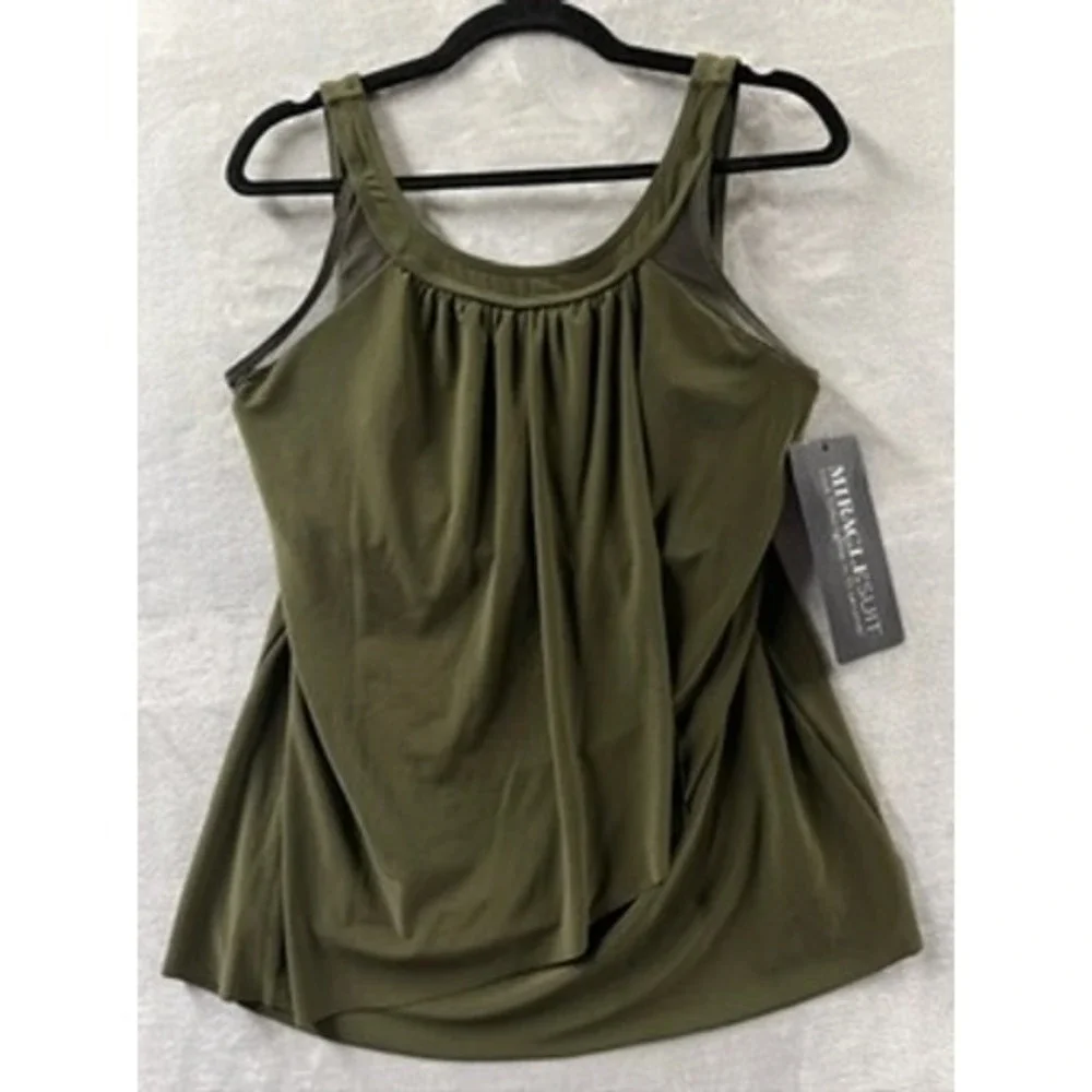 NWT Miraclesuit Ursula Tankini Top Nori Draped Scoop Neck Swimwear 14 $128